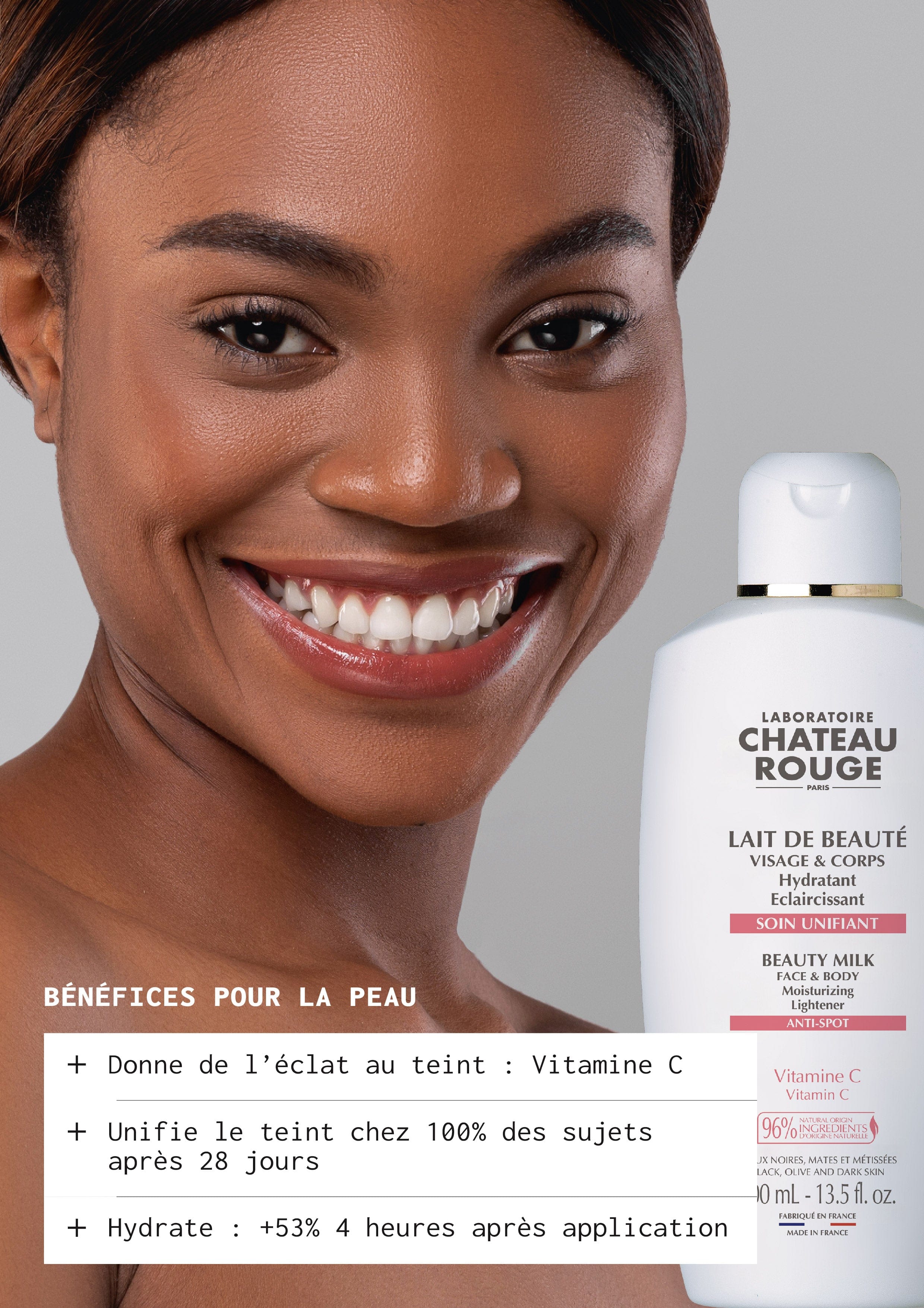 Laboratoire Château Rouge LAIT DE BEAUTE UNIFIANT Nouvelle formule "VITAMINE C" Lait Éclaircissant Corps Vitamine C – Hydratant & Éclat Laboratoire Chateau Rouge