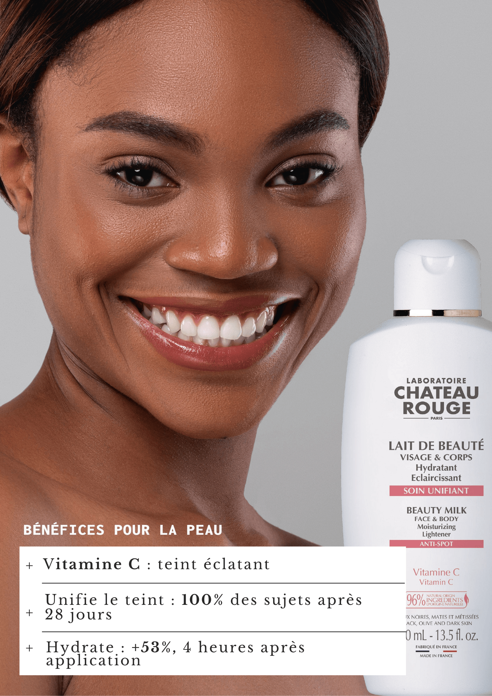 Laboratoire Château Rouge LAIT DE BEAUTE UNIFIANT Nouvelle formule "VITAMINE C" Lait Éclaircissant Corps Vitamine C – Hydratant & Éclat Laboratoire Chateau Rouge